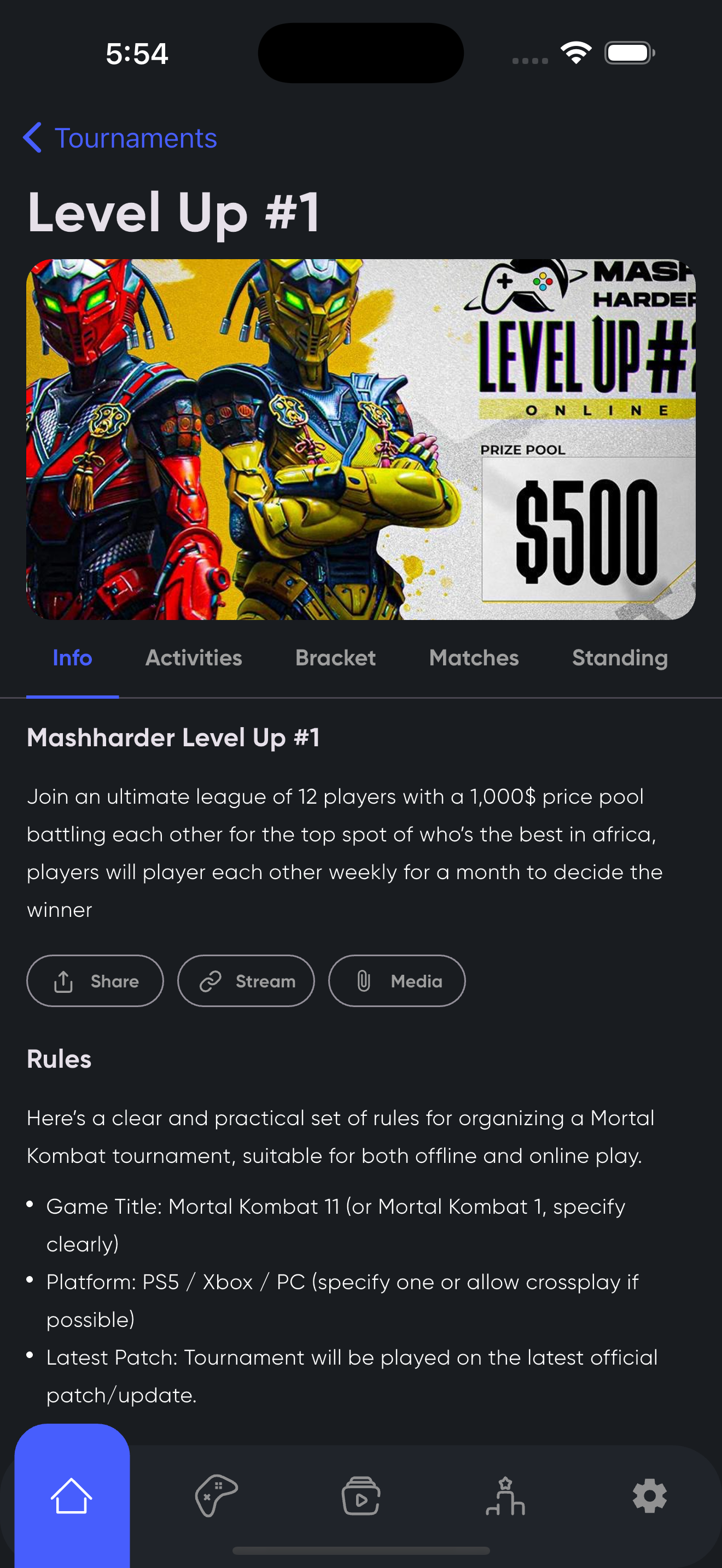 Mobile tournament screen